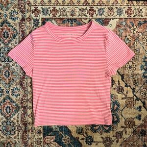 American Eagle Outfitters Pink and White Striped cropped Tee, size large